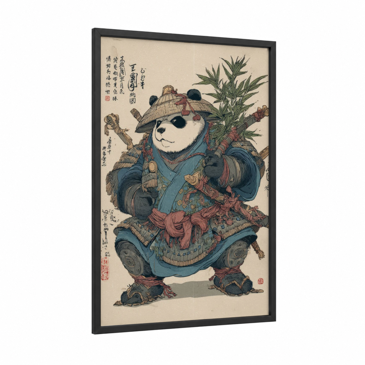 Samurai Panda Warrior framed art print — black wood frame — blue and russet palette