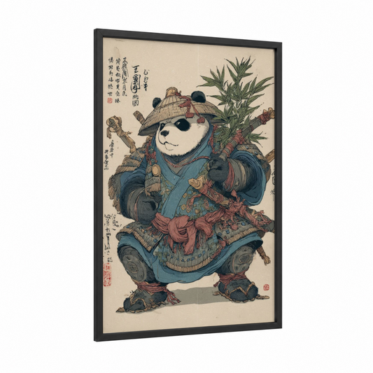 Samurai Panda Warrior framed art print — black wood frame — blue and russet palette