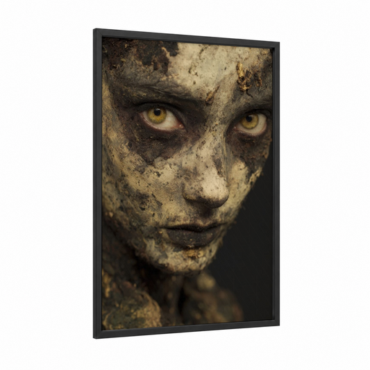 Golden Eyed Zombie framed art print — black wood frame — gold and black palette