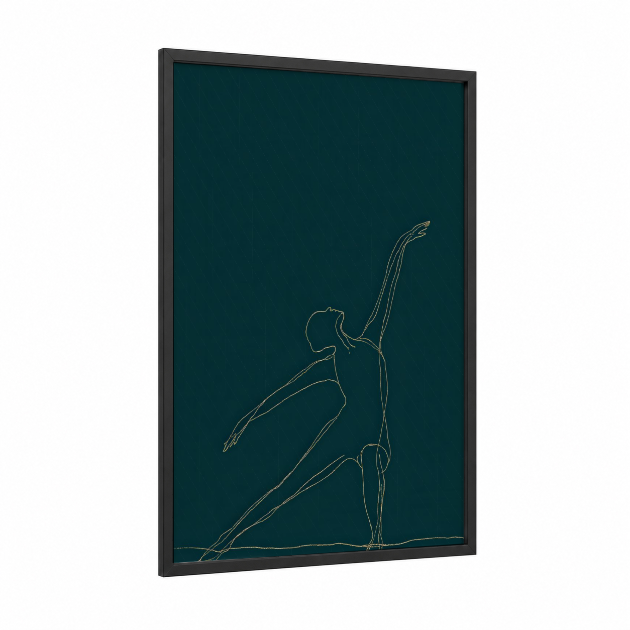 Golden Yoga Stretch framed fitness yoga print — black wood frame — teal and gold palette