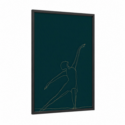 Golden Yoga Stretch framed fitness yoga print — black wood frame — teal and gold palette