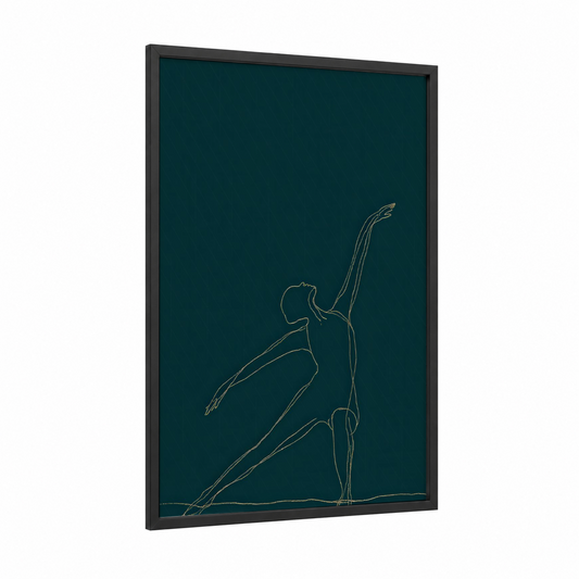 Golden Yoga Stretch framed fitness yoga print — black wood frame — teal and gold palette