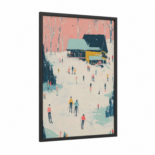 Snowy Ski Lodge framed skiing print — black wood frame — peach and teal palette