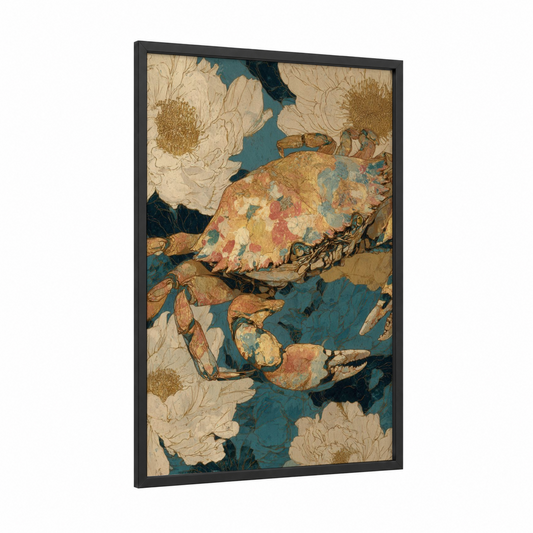 Ornate Crab Floral framed art print — black wood frame — gold and teal palette