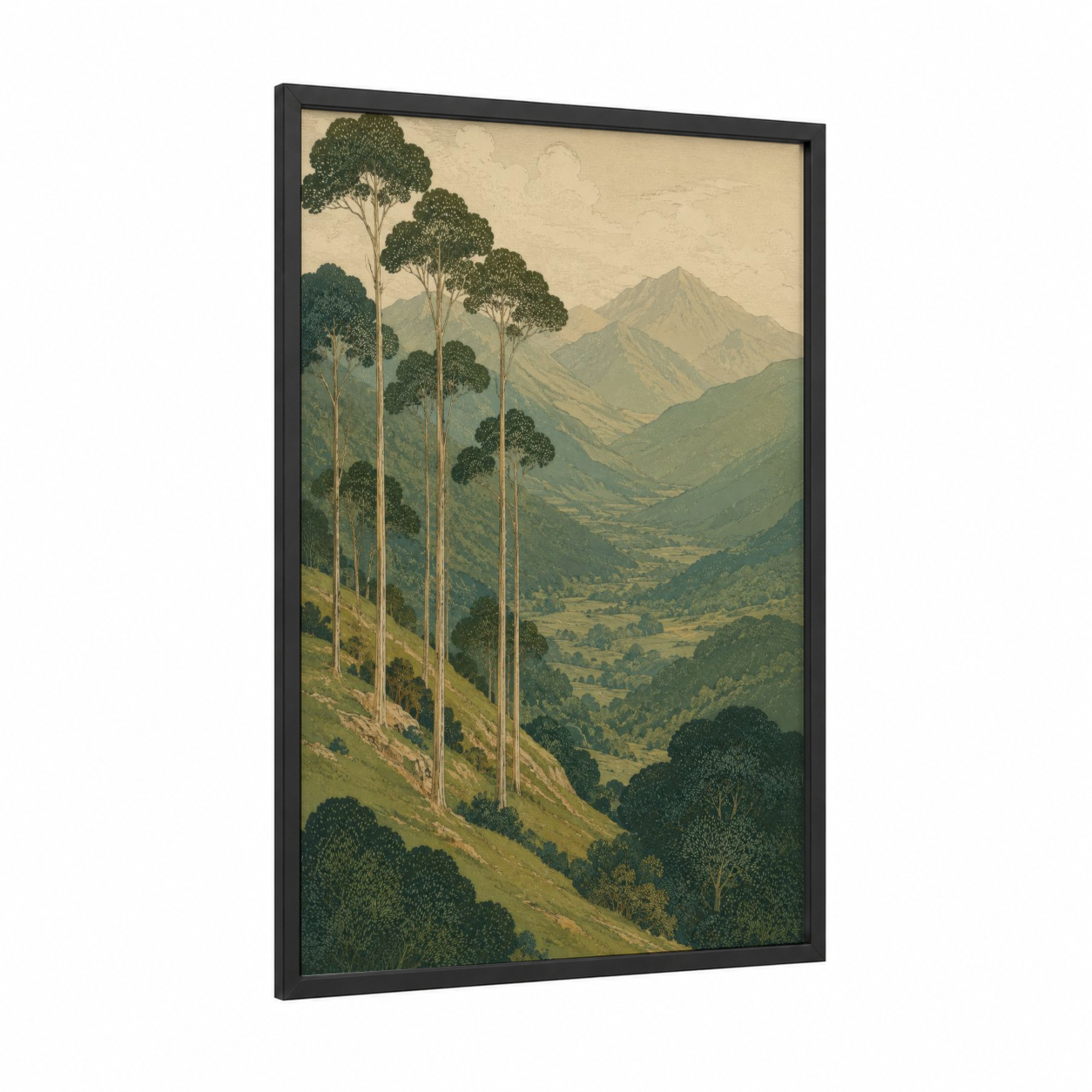 Mountain Valley Eucalyptus Trees Wall Art framed art print — black wood frame — true green and beige palette