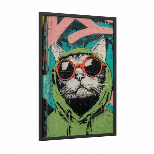 Cool Cat Portrait framed art print — black wood frame — turquoise and lime green palette