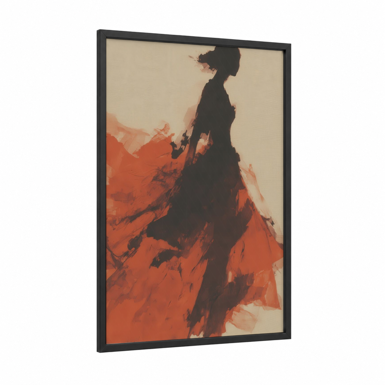 Crimson Silhouette framed fashion illustration print — black wood frame — red and black palette