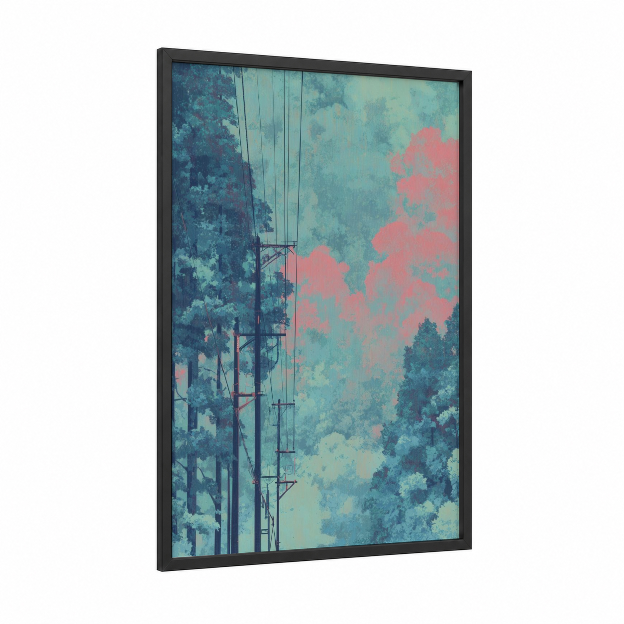 Dreamy Power Lines framed art print — black wood frame — teal and salmon pink palette