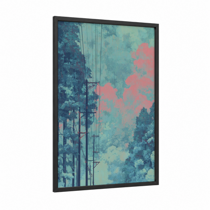 Dreamy Power Lines framed art print — black wood frame — teal and salmon pink palette