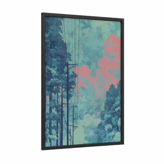 Dreamy Power Lines framed art print — black wood frame — teal and salmon pink palette