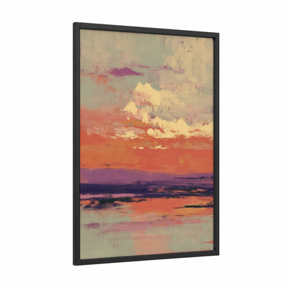 Golden Summer Sunset framed art print — black wood frame — gold and peach palette