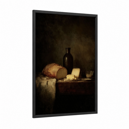 Classic Breakfast Still Life framed art print — black wood frame — black and white and brown palette
