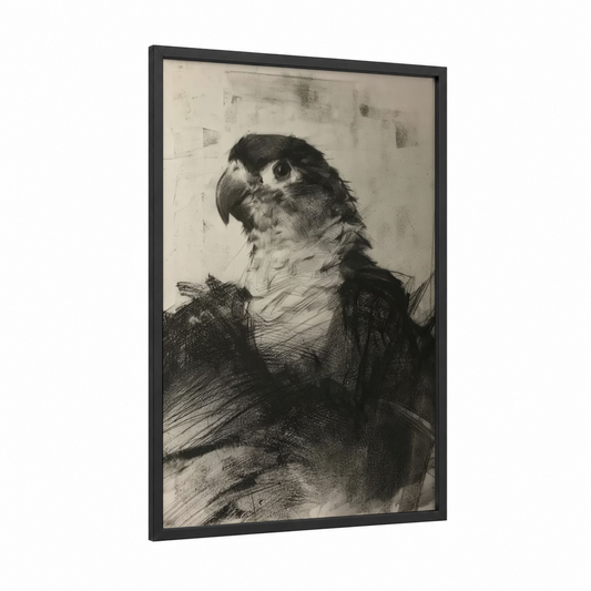 Contemplative Parrot framed safari parrots print — black wood frame — black and white palette