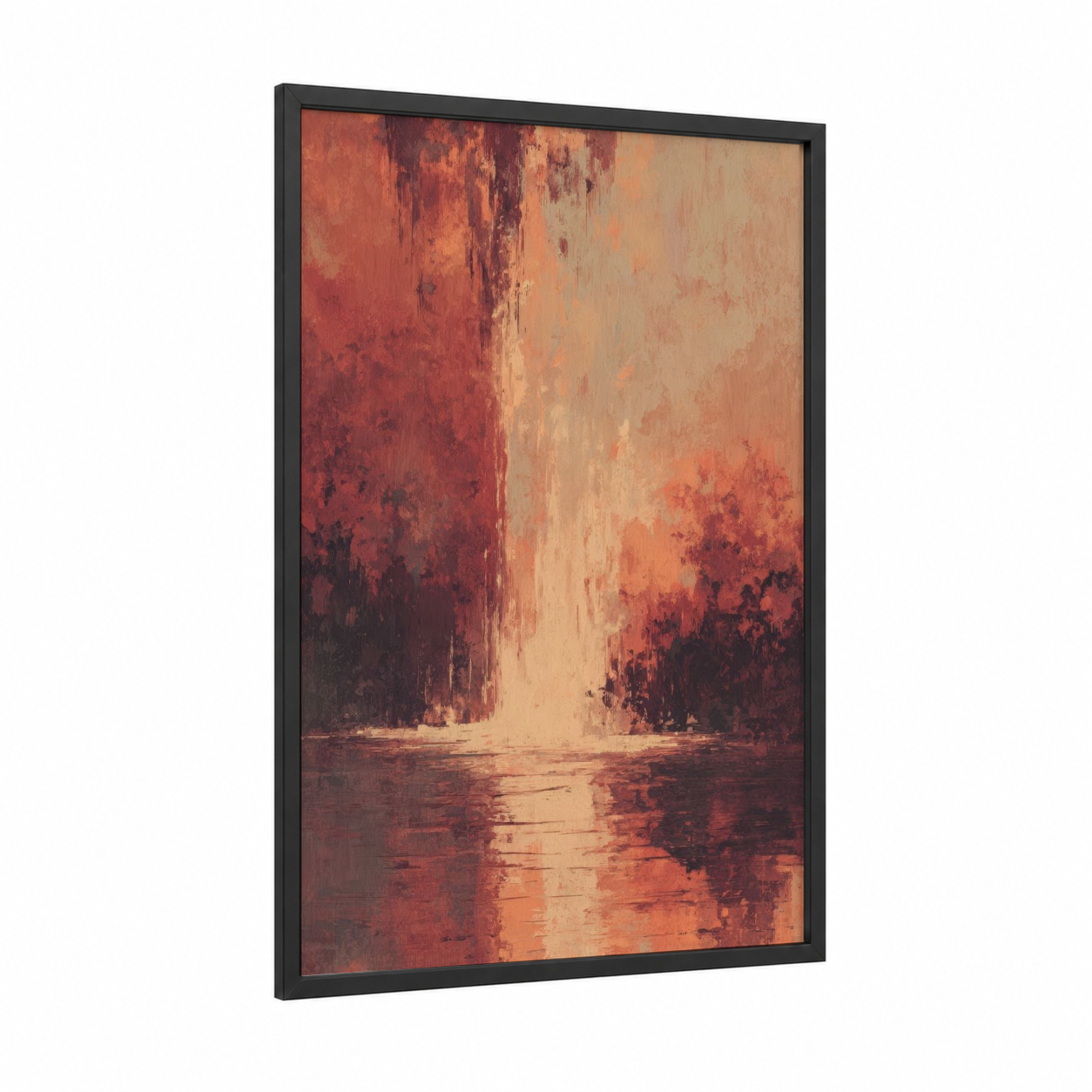 Crimson Waterfall framed art print — black wood frame — red and gold palette