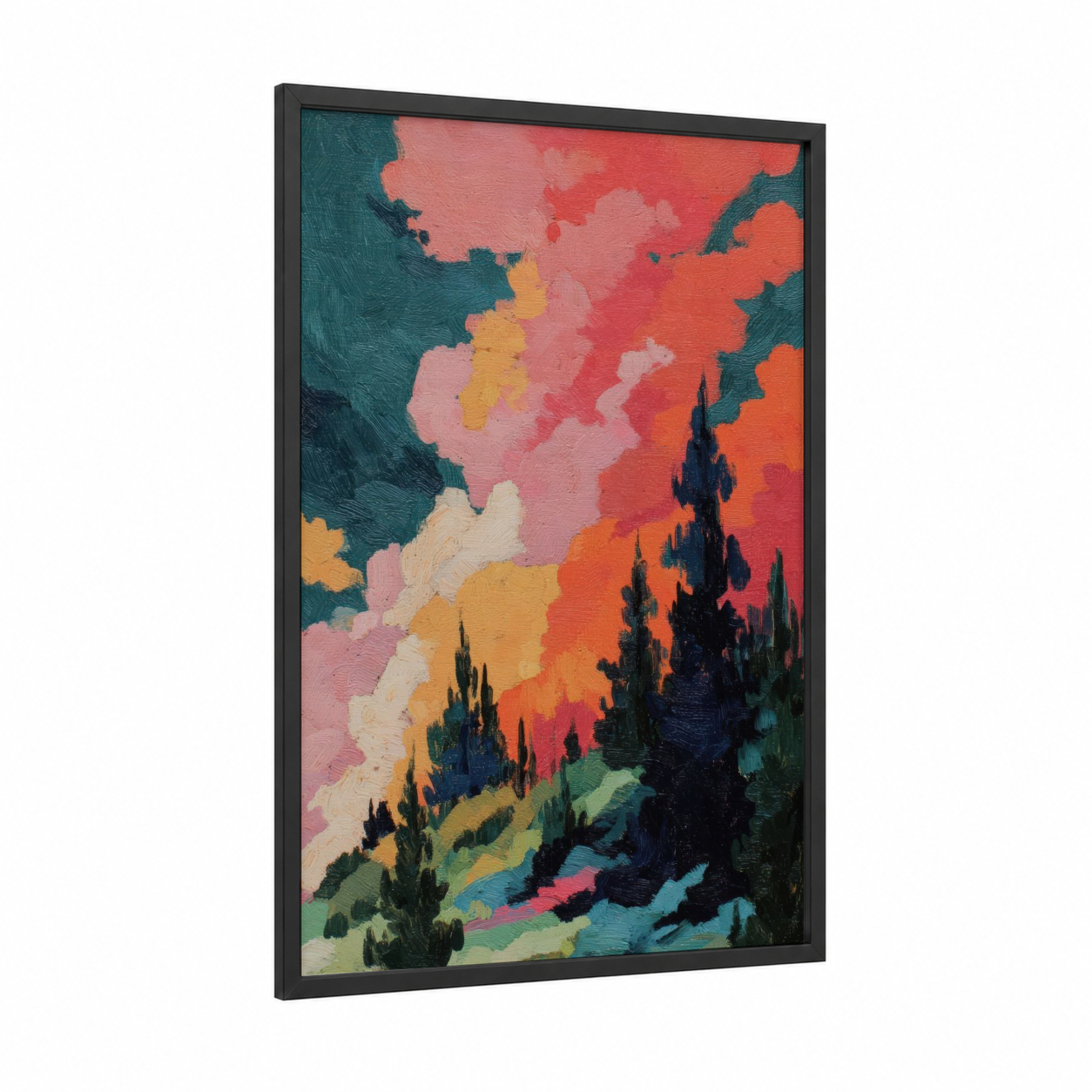 Crimson Aurora framed northern lights print — black wood frame — red and teal palette