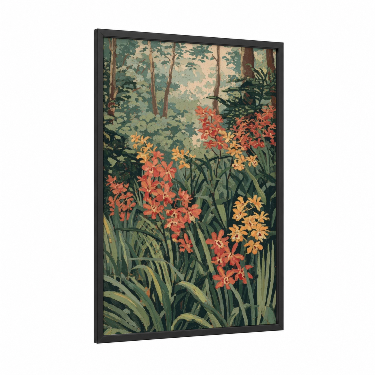 Forest Orchid Garden framed art print — black wood frame — dark green and orange palette