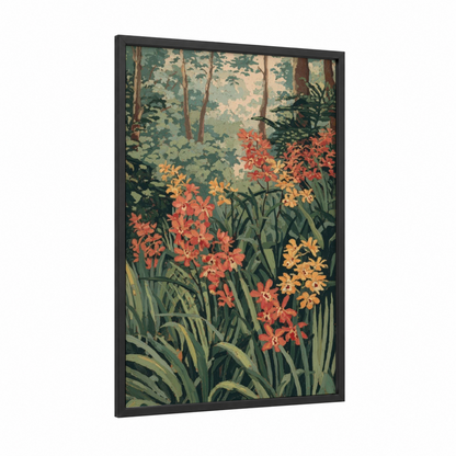 Forest Orchid Garden framed art print — black wood frame — dark green and orange palette