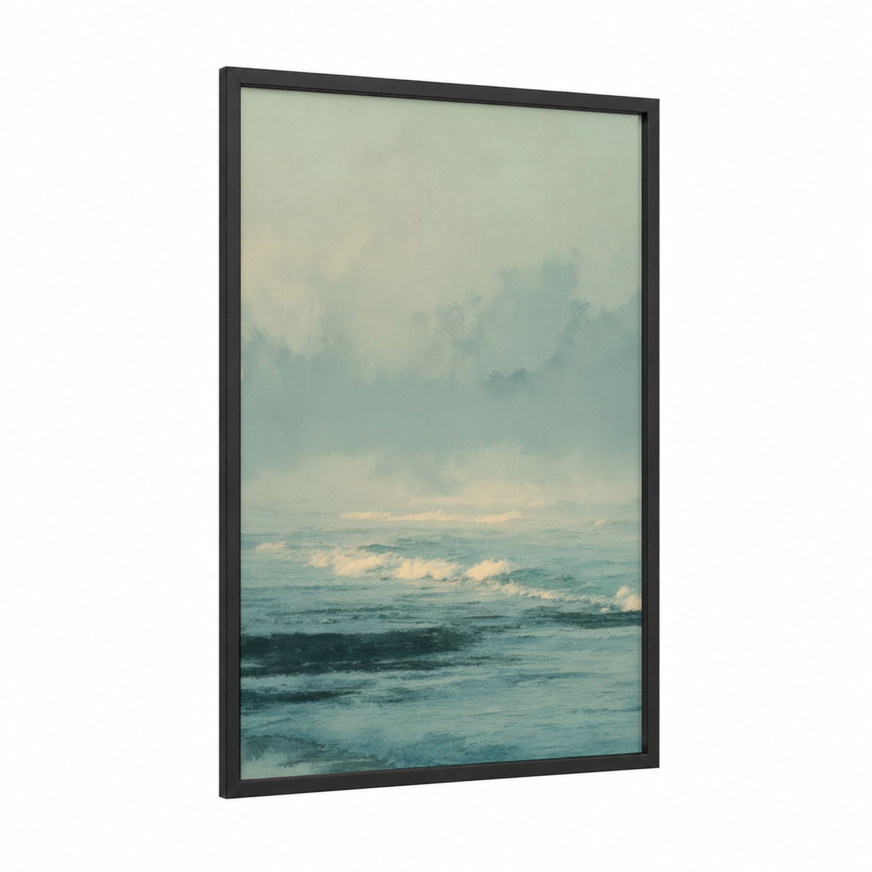 Misty Ocean Waves framed seascapes and ocean print — black wood frame — blue and white and champagne gold palette