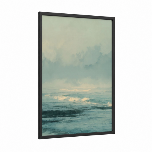 Misty Ocean Waves framed seascapes and ocean print — black wood frame — blue and white and champagne gold palette