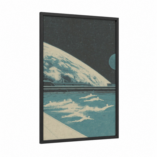 Orbital Swimmers framed synchronized swimming print — black wood frame — teal and cream palette