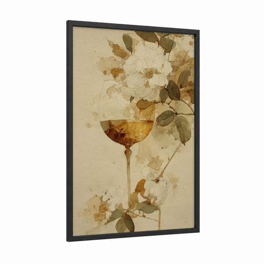 Autumn Wine Moment framed white wine print — black wood frame — cream and gold palette