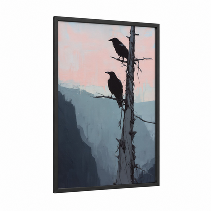 Misty Canyon Ravens framed crows and ravens print — black wood frame — blue and peach palette