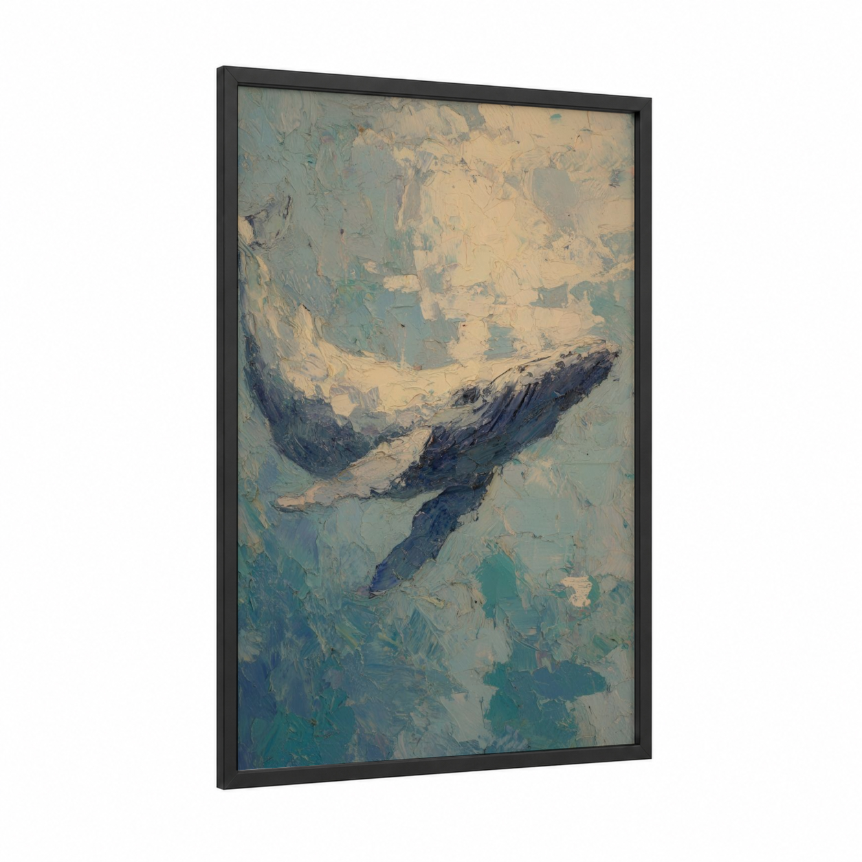 Diving Gray Whale framed art print — black wood frame — cream and teal palette