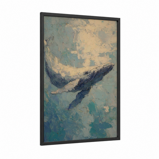 Diving Gray Whale framed art print — black wood frame — cream and teal palette