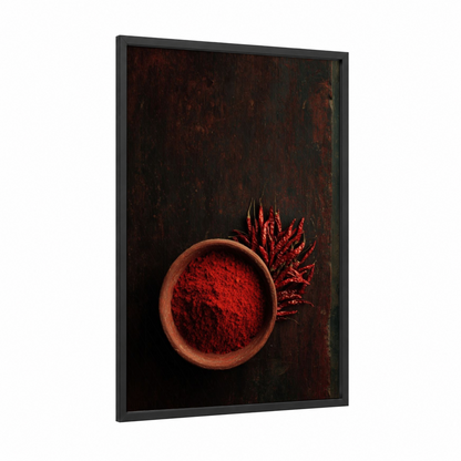 Crimson Spice Bowl framed condiments print — black wood frame — red and maroon palette