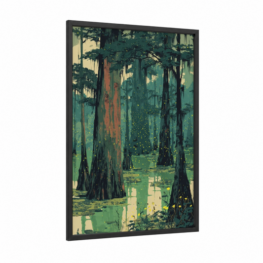 Enchanted Swamp framed fireflies print — black wood frame — true green and gold palette