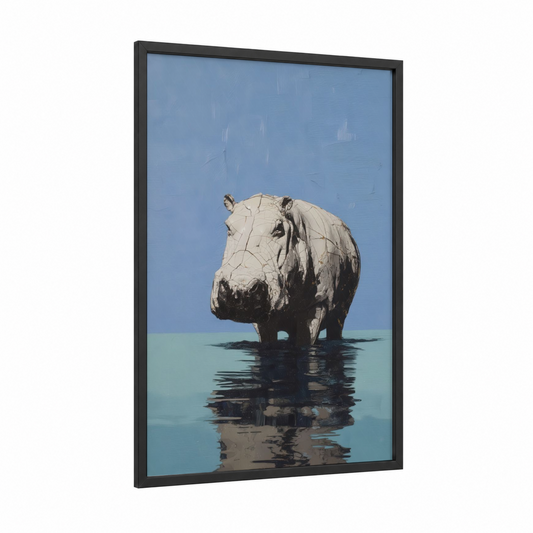 Wading Hippo framed art print — black wood frame — blue and white palette