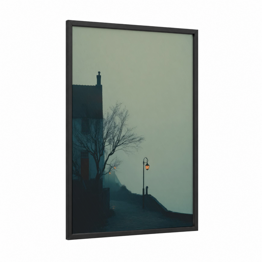 Misty Lighthouse framed art print — black wood frame — dove gray and dark blue palette