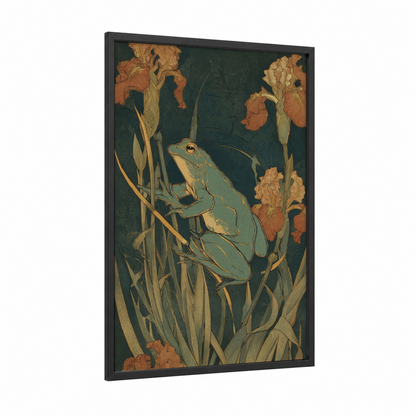 Iris Frog framed frogs and toads print — black wood frame — dark green and gold palette