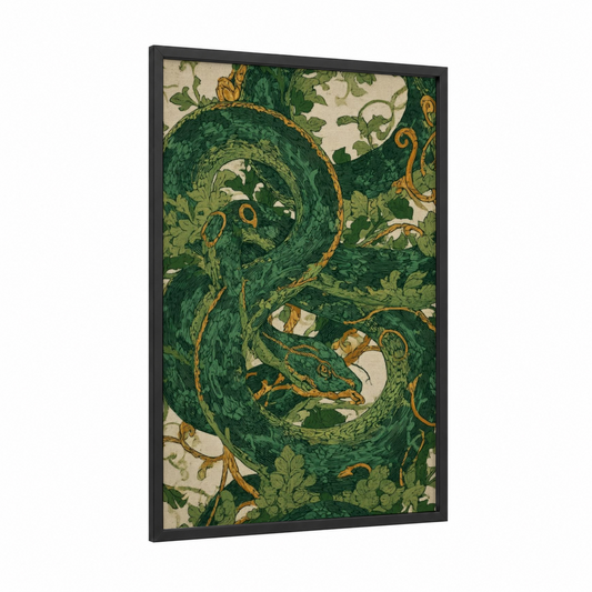 Emerald Viper framed art print — black wood frame — dark green and gold palette