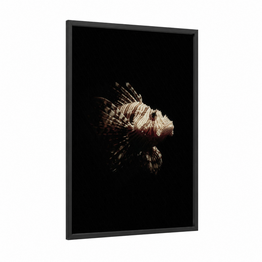Crimson Lionfish framed art print — black wood frame — cream and maroon palette