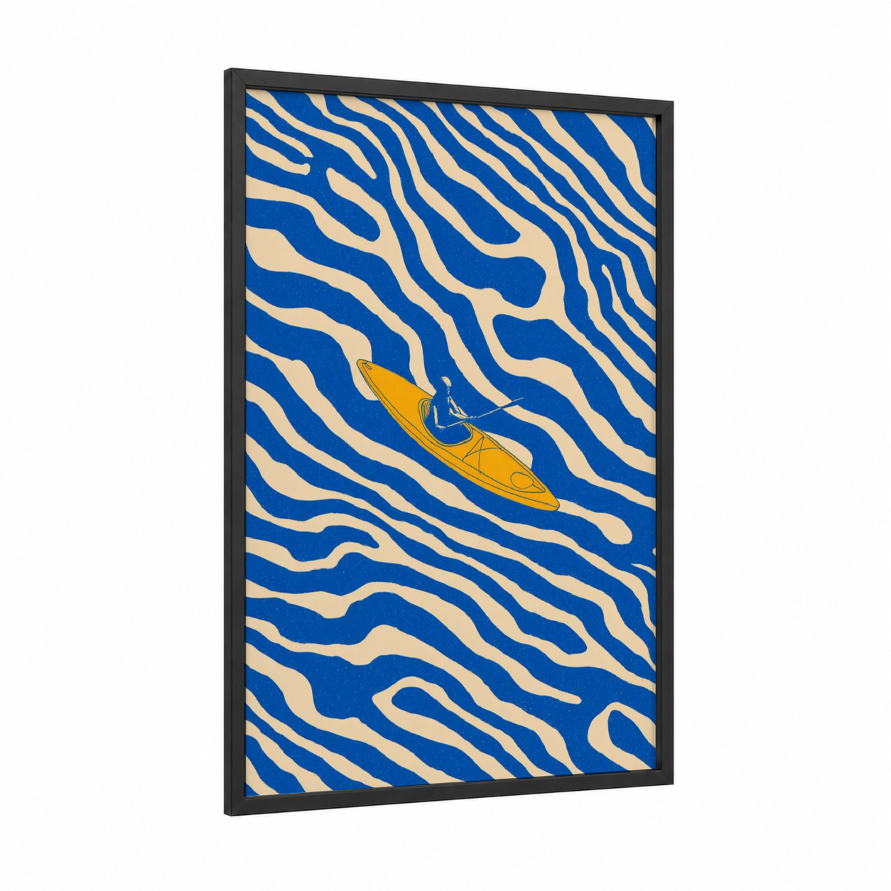 Abstract Kayaker framed canoeing and kayaking print — black wood frame — blue and yellow gold palette
