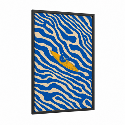 Abstract Kayaker framed canoeing and kayaking print — black wood frame — blue and yellow gold palette