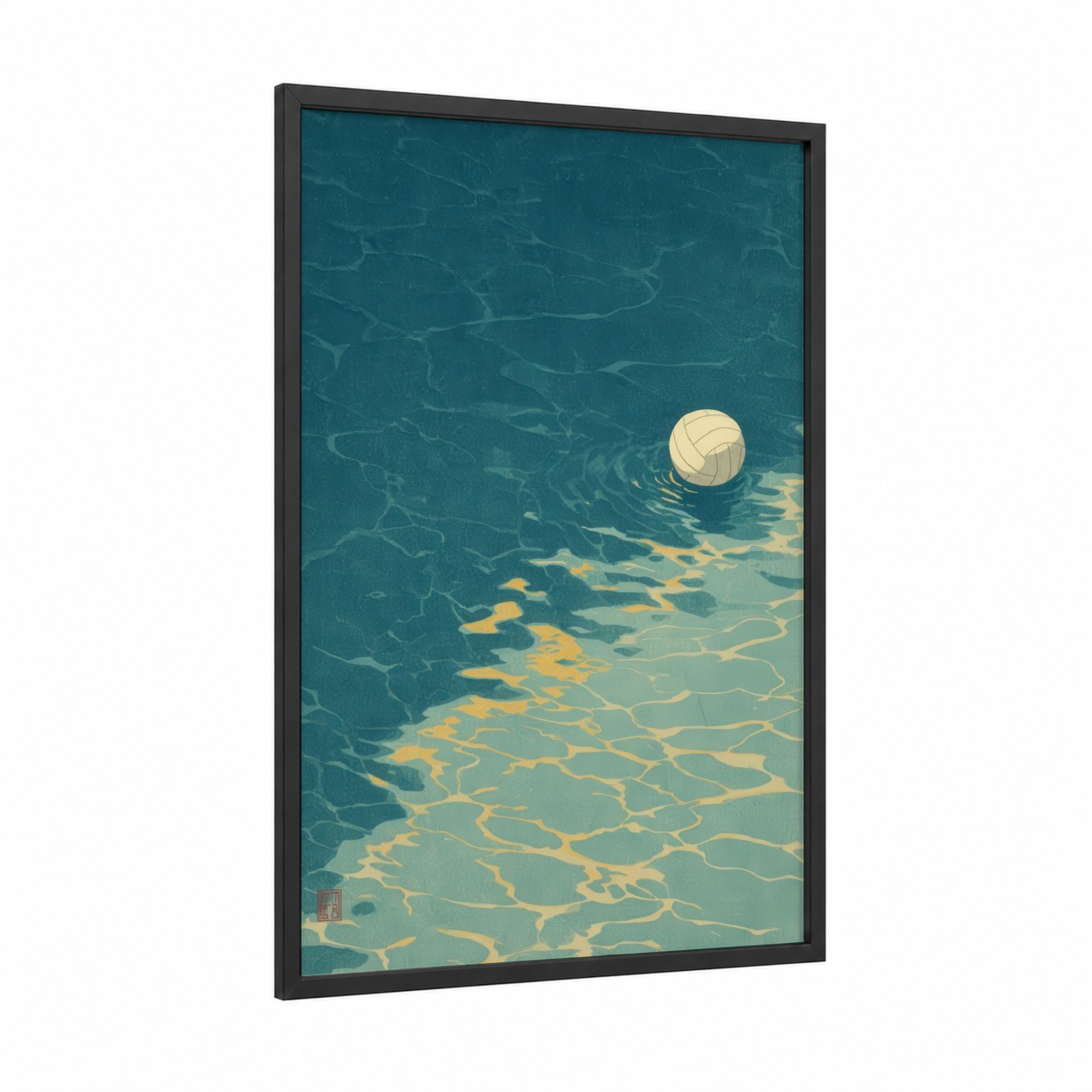 Poolside Volleyball framed water polo print — black wood frame — teal and gold palette