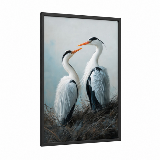 Elegant Heron Pair framed art print — black wood frame — white and blue and white palette