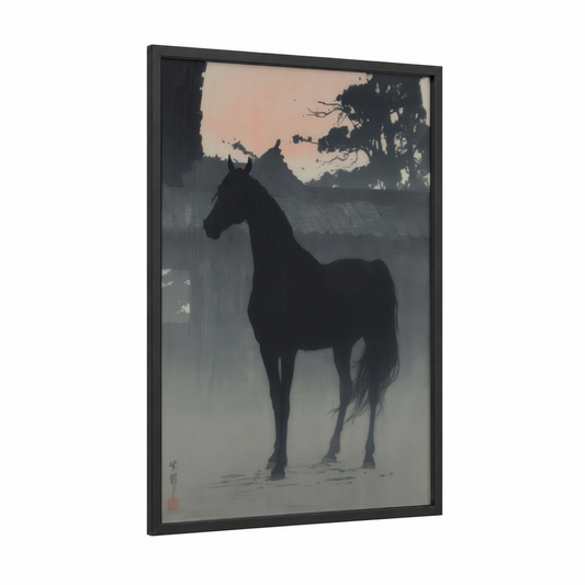 Misty Arabian framed arabian horse print — black wood frame — black and white and dove gray palette