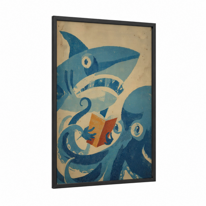 Ocean Readers Shark framed blue shark print — black wood frame — teal and cream palette