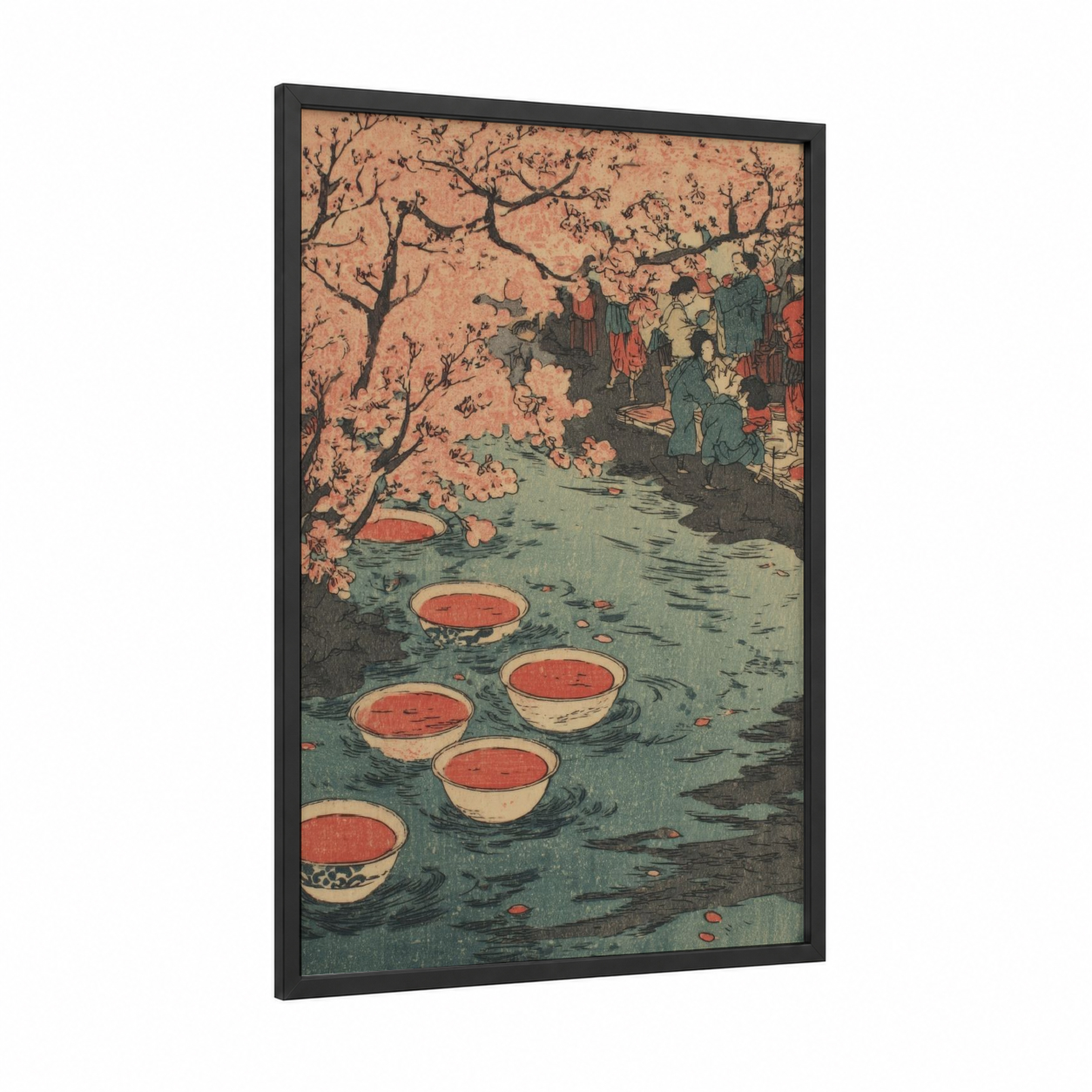 Festive Rose Gathering framed rose wine print — black wood frame — peach and sage green palette