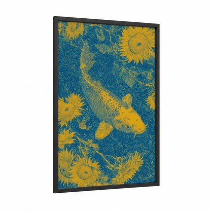 Sunflower Koi framed koi fish print — black wood frame — gold and blue palette