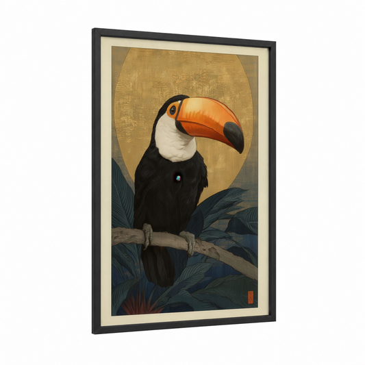 Golden Toucan framed art print — black wood frame — gold and black palette