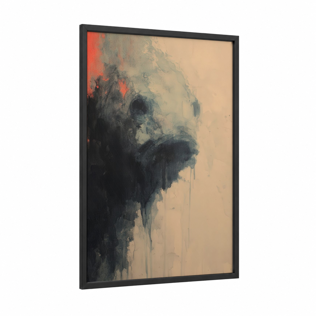 Moody Bass Portrait framed art print — black wood frame — peach and gray palette