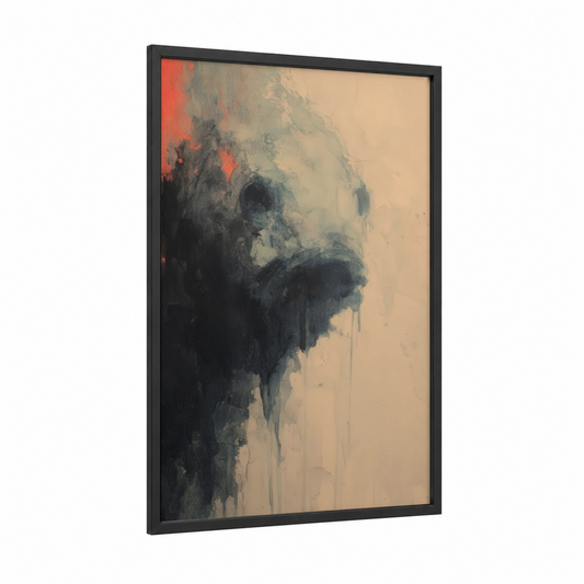 Moody Bass Portrait framed art print — black wood frame — peach and gray palette