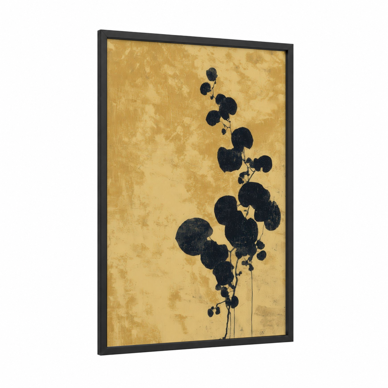 Golden Violet Silhouette framed violets print — black wood frame — gold and black and gold palette