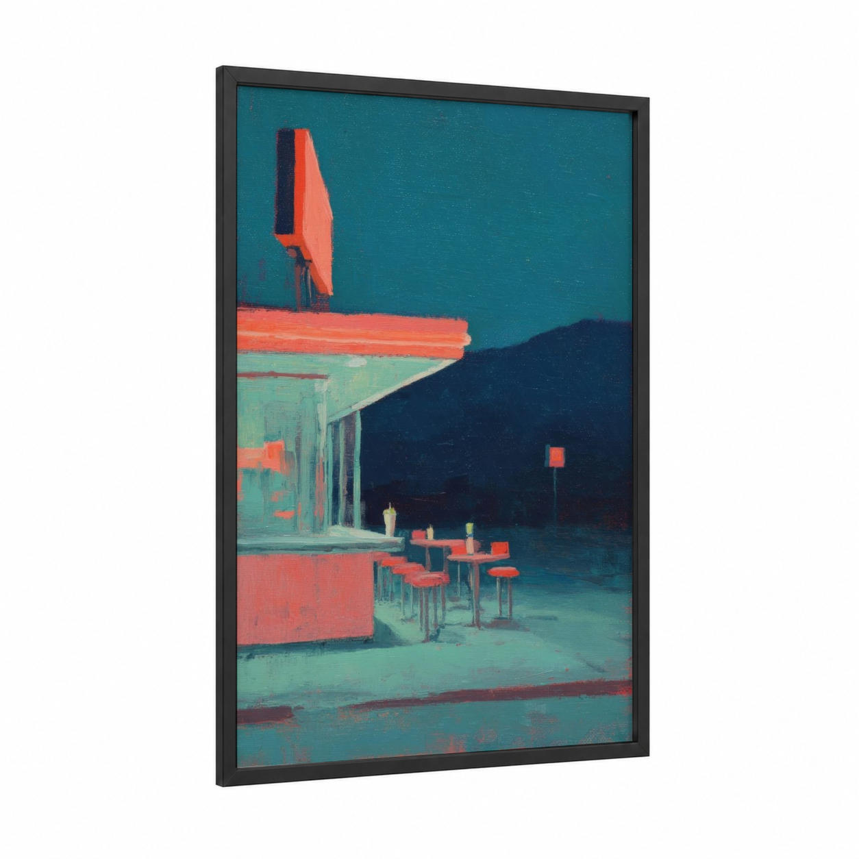 Neon Diner Night framed fast food print — black wood frame — teal and red palette