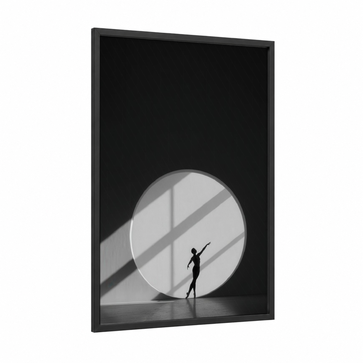 Geometric Dancer framed modern dance print — black wood frame — black and white and gray palette