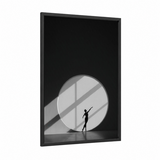 Geometric Dancer framed modern dance print — black wood frame — black and white and gray palette